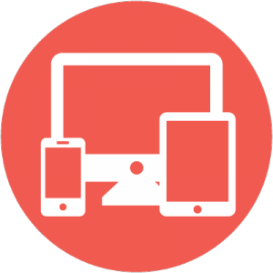 Round icon graphic displaying computers, phones, and tablets