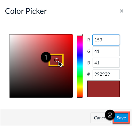 Color Picker palette allows content authors to customize colors, then select Save.