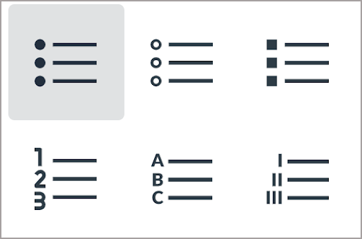 List style options include ordered (numerical, alphabetical, & numeral) and unordered list styles (black, white, and square).