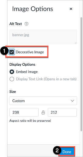 For decorative images, in Image Options window, select “Decorative Image” then select Done.