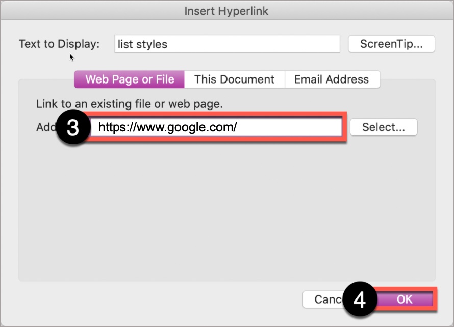 In the PowerPoint Insert Hyperlink window, type or paste the URL in the Address field, then select OK. 