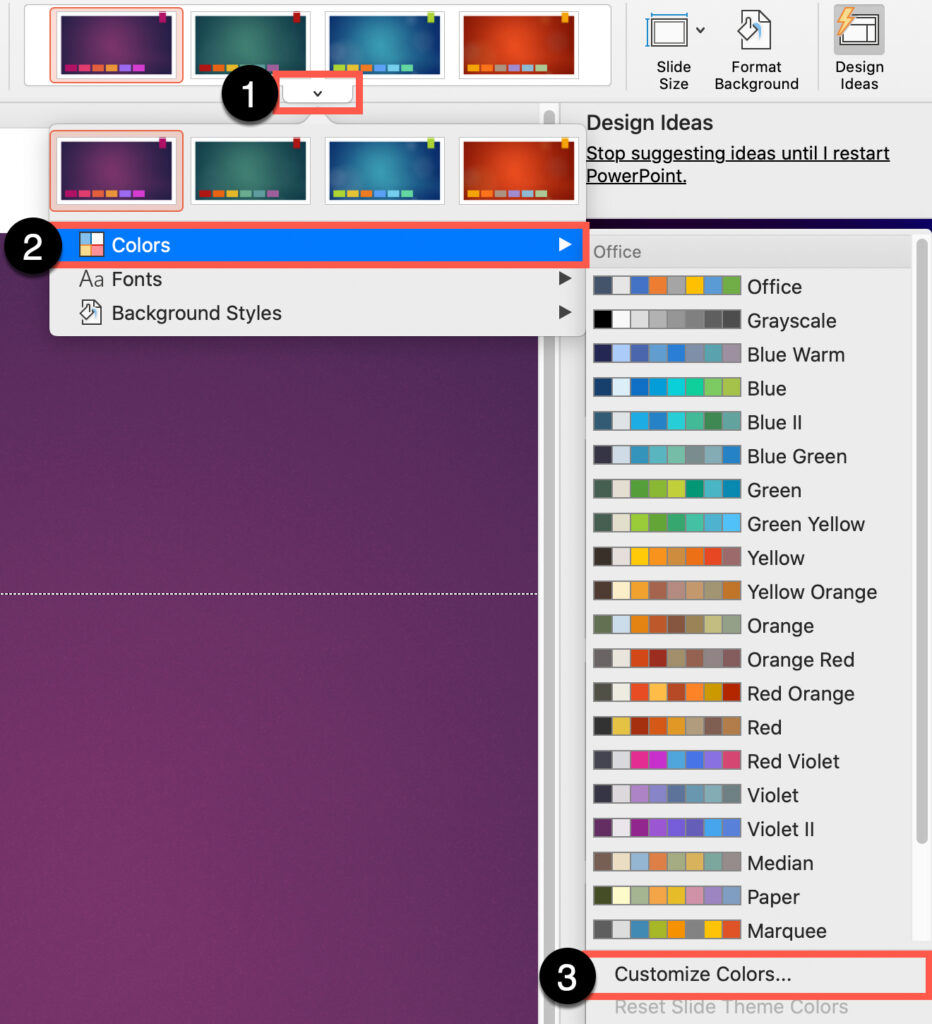 In PowerPoint,expand the Color Palette menu to reveal built-in color combinations.