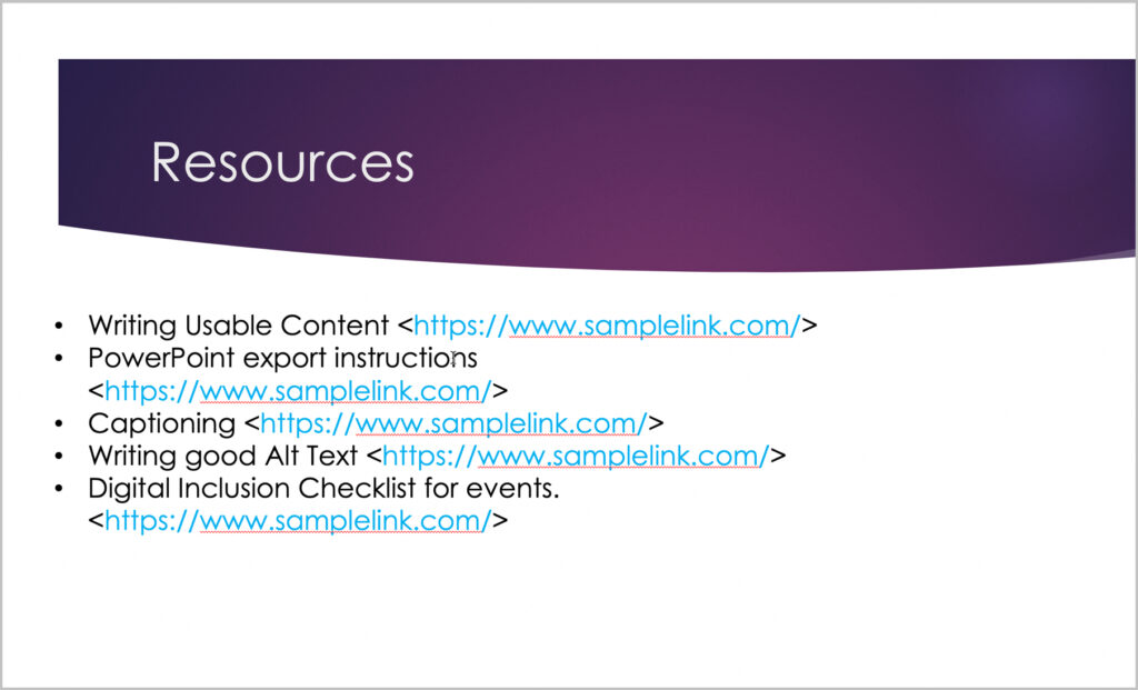 PowerPoint slide showing resource hyperlinks, with the full URLs visible.