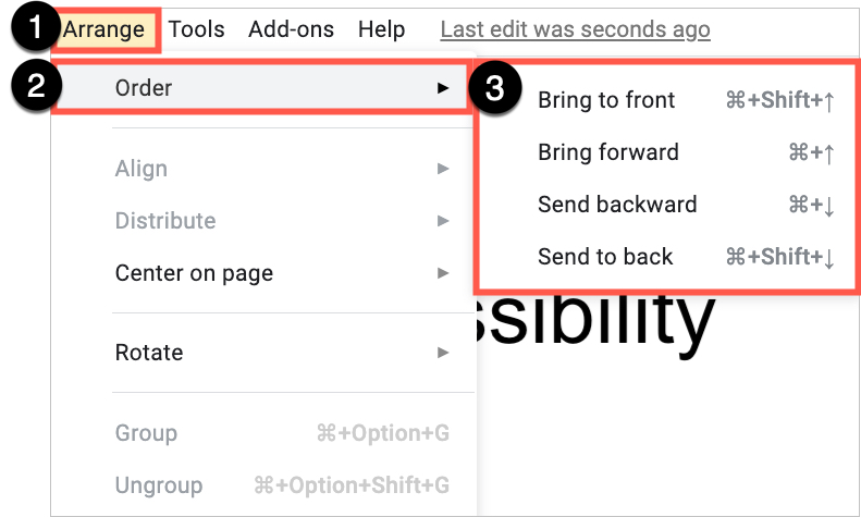 In Google Slides, select Arrange, then Order, to open the reading order options.