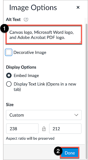 In “Image Options” window, write alt text in description box; select “Done”.