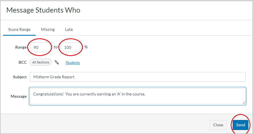 Settings screen for Message Students Who.