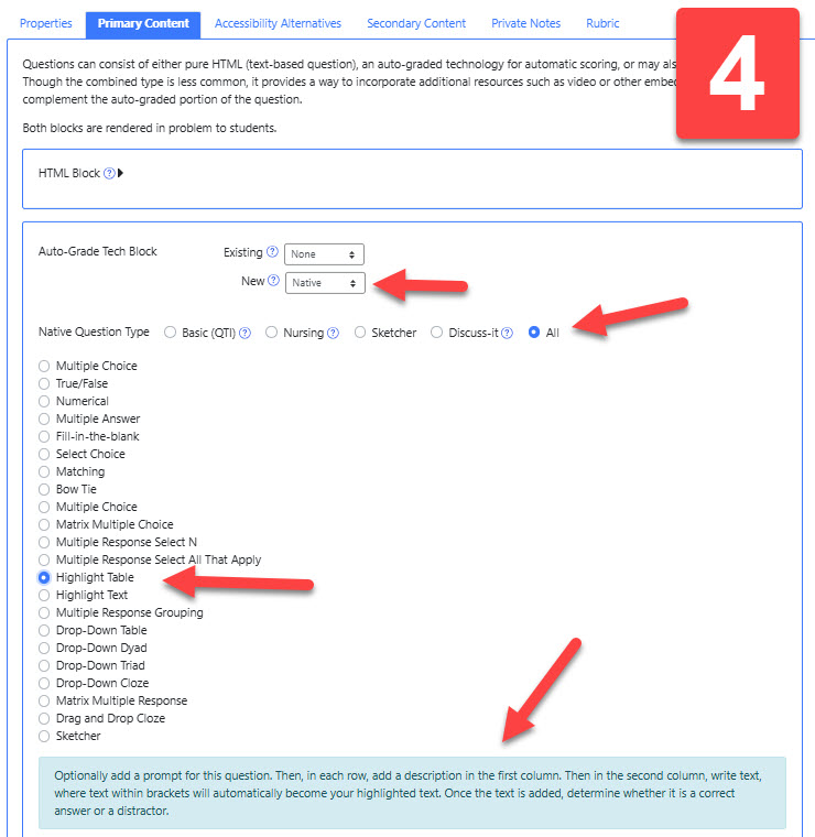 Screenshot pointing to mentioned items in the "Auto-Grade Tech Block"
