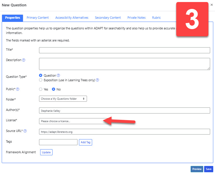 Screenshot pointing to "Licenses" on Questions Properties